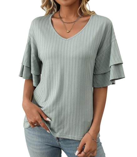 Gefevoqe Damen V-Ausschnitt Rüschen Ärmel T-Shirt Einfarbige Kurze Ärmel Lässig Loose Sommer Tops Gefevoqe Damen V-Ausschnitt Rüschen Ärmel T-Shirt Einfarbige Kurze Ärmel Lässig Loose Sommer Tops von Gefevoqe