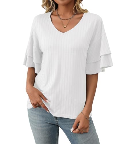 Gefevoqe Damen V-Ausschnitt Rüschen Ärmel T-Shirt Einfarbige Kurze Ärmel Lässig Loose Sommer Tops von Gefevoqe