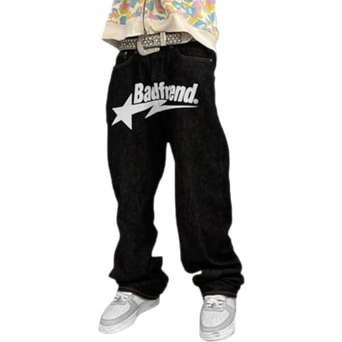 Baggy Jeans Herren Y2k mit Print Hip Hop Baggy Star Cargo Jeans Pants Breite Hose mit Schrift Vorne Baggy Loose Fit Schwarz Jeanshose Hosen Freizeithose für Jungs Männer von Gefomuofe