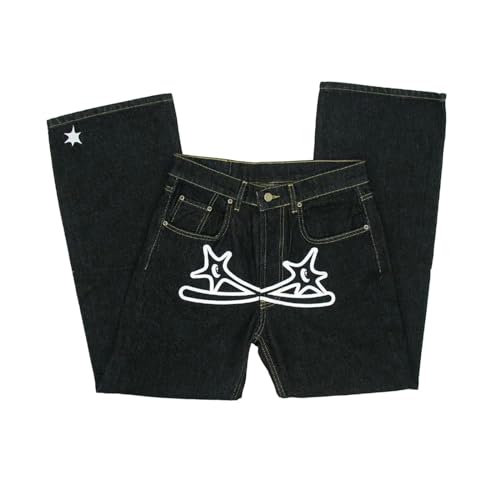 Baggy Jeans Herren Y2k mit Print Hip Hop Baggy Star Cargo Jeans Pants Breite Hose mit Schrift Vorne Baggy Loose Fit Schwarz Jeanshose Hosen Freizeithose für Jungs Männer von Gefomuofe