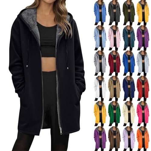 Fleecejacke Damen Lang Gefütterte Übergangsmantel mit Kapuze Teddyfleece Jacke Sweatjacke Warme Hoodie Jacke Plüschjacke Winterjacke von Gefomuofe