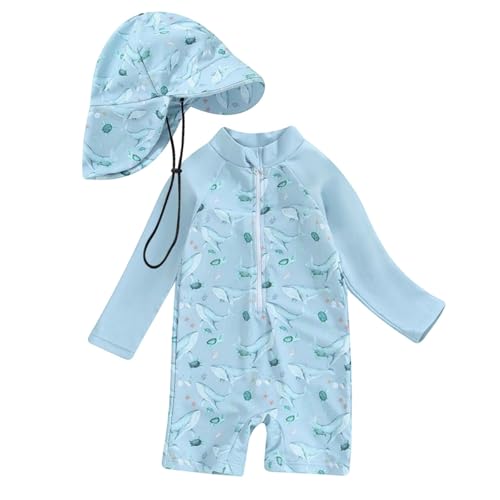 Gefomuofe Badeanzug Baby Jungen Langarm Schwimmshirt mit Hut Kinder Baby Einteiliger Hawaii uv Schutz Bademode Baby Schwimmanzug Jungen Reißverschluss Strand Jumpsuit 0 Monate-2 Jahre von Gefomuofe