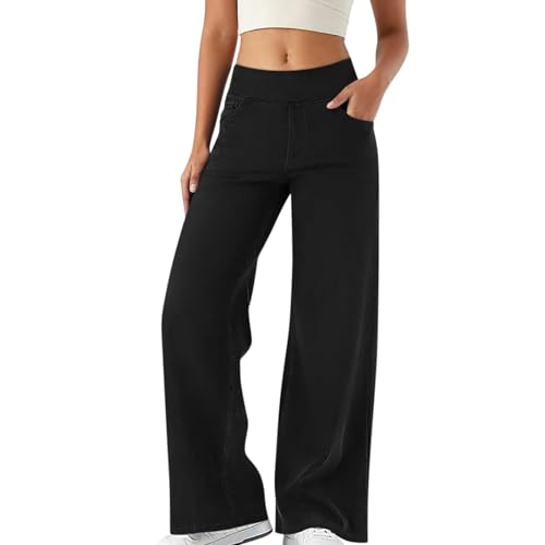 Gefomuofe Baggy Jeans Damen Stretch Wide Leg Jeans Damen Bequeme Hose Jeanshosen Weites Bein Jeans High Waist Stretch mit 4 Taschen Große Größen Weiter Beinschnitt Jeans Mit Gummizug von Gefomuofe