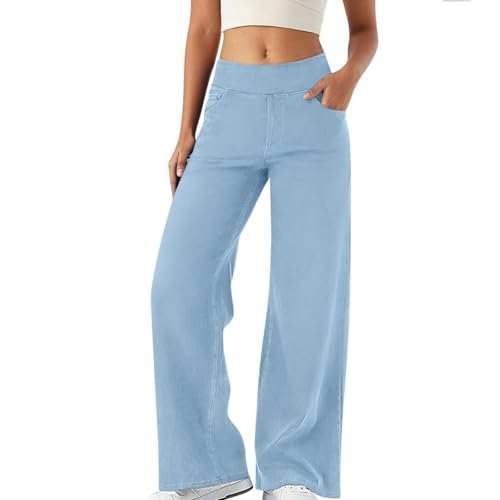 Gefomuofe Baggy Jeans Damen Stretch Wide Leg Jeans Damen Bequeme Hose Jeanshosen Weites Bein Jeans High Waist Stretch mit 4 Taschen Große Größen Weiter Beinschnitt Jeans Mit Gummizug von Gefomuofe