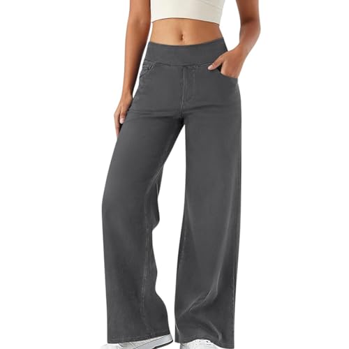 Gefomuofe Baggy Jeans Damen Stretch Wide Leg Jeans Damen Bequeme Hose Jeanshosen Weites Bein Jeans High Waist Stretch mit 4 Taschen Große Größen Weiter Beinschnitt Jeans Mit Gummizug von Gefomuofe