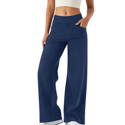 Gefomuofe Baggy Jeans Damen Stretch Wide Leg Jeans Damen Bequeme Hose Jeanshosen Weites Bein Jeans High Waist Stretch mit 4 Taschen Große Größen Weiter Beinschnitt Jeans Mit Gummizug von Gefomuofe