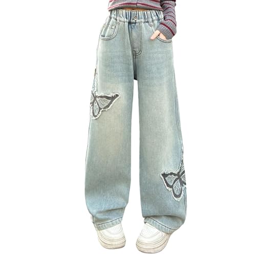 Gefomuofe Baggy Jeans Mädchen Weites Bein Jeanshose mit Gummizug Wide Leg Outdoorhose Breite Hose High Waist Freizeithose Pants Girls Y2k Vintage Hosen Loose Fit Pants für Kinder 5-17 Jahre von Gefomuofe