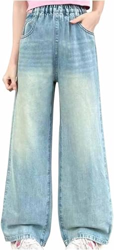 Gefomuofe Baggy Jeans Mädchen Weites Bein Jeanshose mit Gummizug Wide Leg Outdoorhose Breite Hose High Waist Freizeithose Pants Girls Y2k Vintage Hosen Loose Fit Pants für Kinder 5-17 Jahre von Gefomuofe