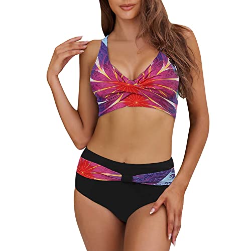 Gefomuofe Bikini Damen Zweiteiliger Badeanzug Triangel Breites Unterbrustband V Ausschnitt überkreuztes Blumenmuster Bikini Bademode Bauchkontrolle Bikini Sets Badebekleidung Bandeau von Gefomuofe
