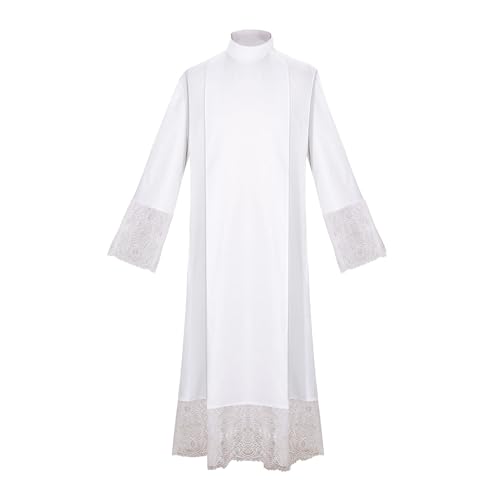 Gefomuofe Catholic Priest Robe Herren Weiß Geistlicher ALB Robe Jacquard-Bademantel Priester Kostüm Mittelalter Kleidung Cosplay Outfit Priesterkostüm von Gefomuofe