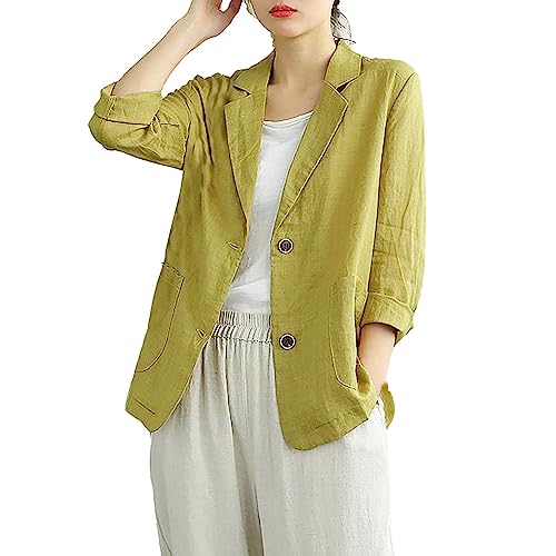 Gefomuofe Damen Blazer Baumwolle Leinen Freizeit Casual Blazer Leichtes Jacke Elegant Lang Basic Anzugjacke Leichtes Cardigan Knöpfen Vintage Strand Damenjacke Leinen All-Match Kurz Dünner Mantel von Gefomuofe