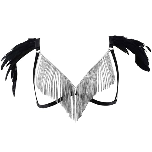 Gefomuofe Damen Feder Set Geschirr Käfig BH Plus Size Punk Gothic Festival Karneval Kunst Kostüm Beinstrumpf Fotografie Tanz Kostüm Zubehör von Gefomuofe