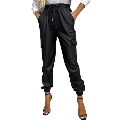 Gefomuofe Damen Lederhose Leder Look High Waist Jogger Hose Stretch Sweatpants Jogginghose für Freizeit Boyfriend Baggyhose von Gefomuofe
