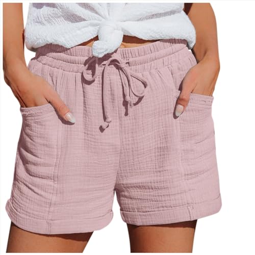 Gefomuofe Damen Shorts Sommer Leinen Musselin Kurze Hose Beach Shorts Lässige Weite Kurze Hosen mit Taschen Shorts mit Kordelzug Leinenhose Freizeit Shorts Elastische Stoffhose von Gefomuofe