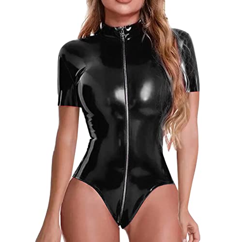 Gefomuofe Damen Wetlook Bodysuit Einteiler Body Langarmshirt Catsuit Hoher Beinausschnitt Sexy Overall Dessous mit Zipper Latex Kleidung Party Clubwear von Gefomuofe