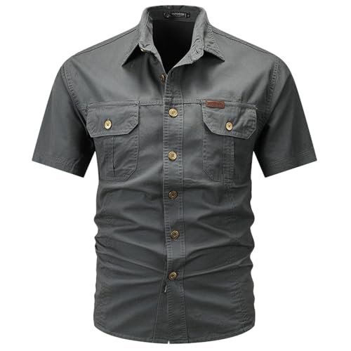 Gefomuofe Hemd Herren Kurzarm Hemden Outdoor Arbeitshemd Sommer Schnelltrocknend Freizeithemd Slim Fit Westernhemd Baumwolle Cowboyhemd Einfarbiges Safari Hemd Strandhemd Combat Shirt von Gefomuofe