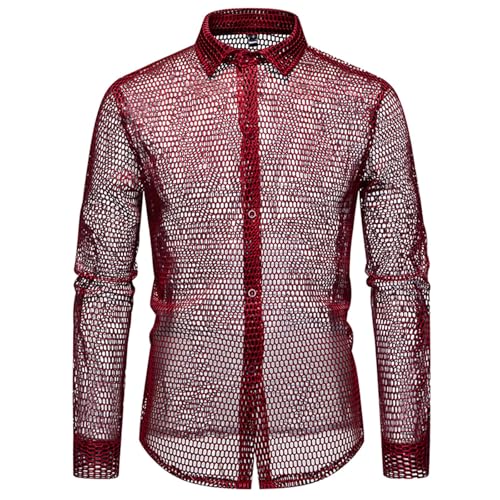 Gefomuofe Hemd Transparent Herren Langarm Muskel Netzshirt Atmungsaktiv Dünnes Netz Oberteile Sport Top Gym Clubwear Nachtclub Party Rave Tops Outfit von Gefomuofe