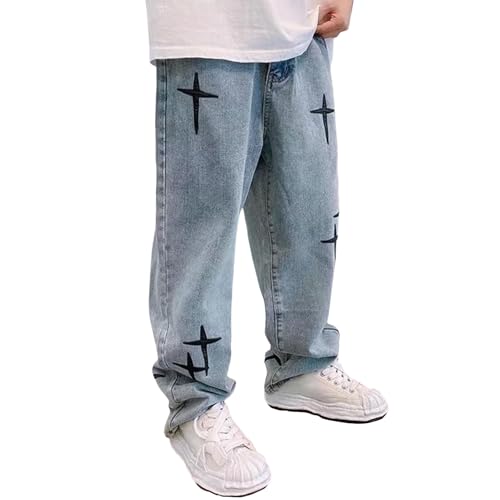 Gefomuofe Herren Baggy Jeans Y2k Jeanshose Vintage Straight Leg Denim Hosen Teenager Jungen Streetwear Hip Hop Jeans Hohe Taille Große Größe Hellblau Jeans von Gefomuofe