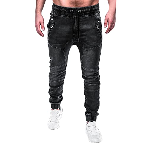 Gefomuofe Herren Jogger Jeans-Hose mit Gummibund Stretch Washed Denim Männer Destroyed Jogger-Jeans Biker Hose mit Taschen Slim-Fit Motorrad Reiten Schutzhose Denim Jeans von Gefomuofe