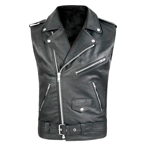 Gefomuofe Herren Lederweste Biker-Kutte Leder-Kutte Biker Rocker m. Karabiner aufgesetzte Taschen Motorrad Leder Weste Motorradweste Clubweste von Gefomuofe