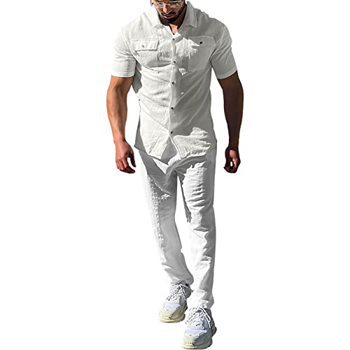 Gefomuofe Herren Leinenanzug Sommer Zweiteiler Freizeitanzug Hosenanzug Festlich Elegant Casual Chic Outfit Komplett Sommer Hausanzug Sommer Lässige Atmungsaktive Leinenanzug Männer von Gefomuofe