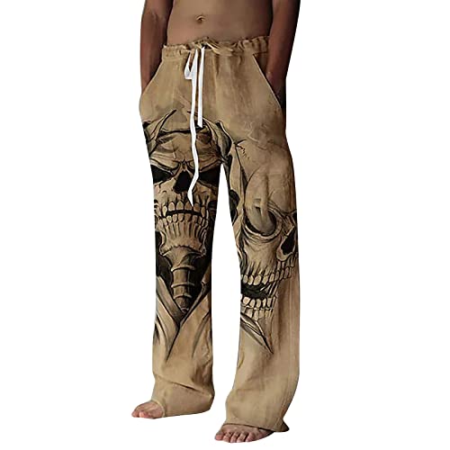 Gefomuofe Herren Leinenhose Totenkopf Print Herren Lang Sommerhose Strandhose mit Kordelzug Luftig Sonnenschutz Strandhose Lang Leinen Jogginghose Stoffhose für Männer von Gefomuofe