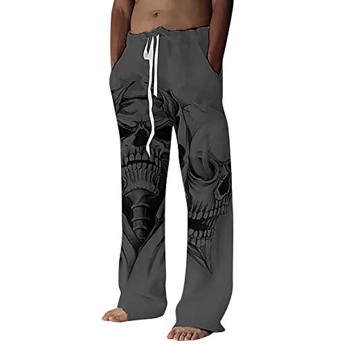 Gefomuofe Herren Leinenhose Totenkopf Print Herren Lang Sommerhose Strandhose mit Kordelzug Luftig Sonnenschutz Strandhose Lang Leinen Jogginghose Stoffhose für Männer von Gefomuofe