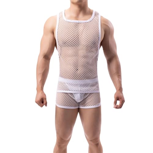 Gefomuofe Herren Mesh Top Transparent Kurzarms Netz Unterhemd Rundkragen Kurzarmshirt mit Fischnetz Transparent Jacke Netz Hemden Kurzarms Top Herren Transparent Unterhemd Durchsichtig von Gefomuofe