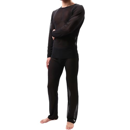 Gefomuofe Herren Mesh Unterwäsche Schlafanzug Pyjama Set Transparent Nachthemd Top Mesh Patchwork Zweiteiliges Set von Gefomuofe