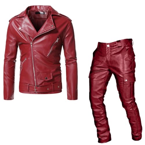 Gefomuofe Herren PU Leder Kapuze Lederjacke Lederhose Zweiteiliger Set Patchwork Jogginganzug Reißverschluss Hoodie + Hose Anzug Sportanzug Mode Outfit von Gefomuofe