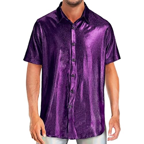 Gefomuofe Herren Pailletten Hemd Retro Party Hemd 70er Disco Kostüm Rave Hemden 80er Jahre Outfit Glitzerhemd Freizeithemden Oberteil Shirt Disco Party von Gefomuofe