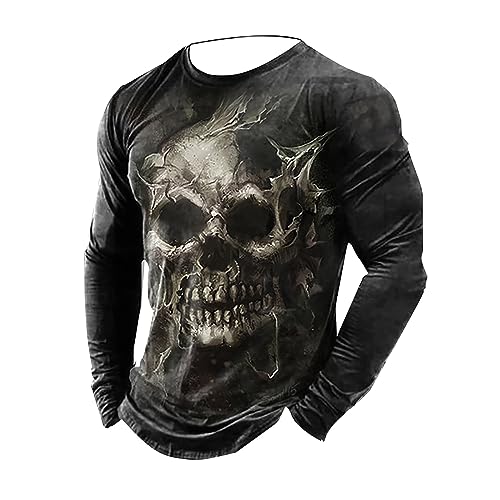 Gefomuofe Herren Totenkopf Langarmshirt Sweatshirt Baumwolle Basic Hemd Long Sleeve Lange ÄRmel Einfarbig Button Down Vintage Drucken Streetwear Sport Casual Tops Neuheit Frühling Buchstabenmuster von Gefomuofe