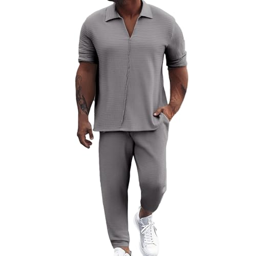 Gefomuofe Herren Trainingsanzug Sommer Sportanzug Einfarbig 2-teilig Zweiteiliger Anzug mit V-Ausschnitt Jogginganzüge Casual Outfit Tracksuit Sport Set Männer Freizeitanzug von Gefomuofe