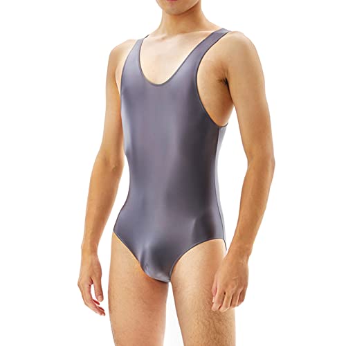 Gefomuofe Herren Wetlook Body Unterhemd Singlet Wrestling Trikot Body Unterhemd Hosenträger mit Reisverschluss Leder Ouvert Boxer Shorts Pants Dessous Männer Overall Latex Catsuit von Gefomuofe