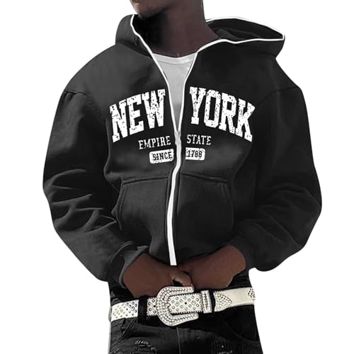 Gefomuofe Herren Y2K Jacke Zip Up Hoodies New York Druck Sterne Motiv Graphics Harajuku für Paare Sweatshirt Vintage Kapuzenjacke Unisex Locker Sweatjacke mit Kapuze 90er E-Girl Top von Gefomuofe