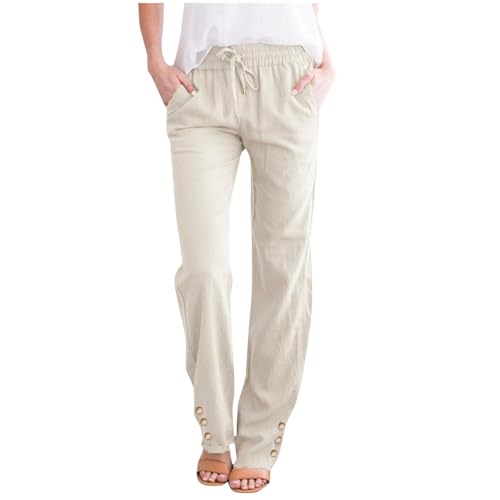 Gefomuofe Hose Damen Leinen Sommerhose Casual Leichte Baumwolle Leinenhose Stoffhose Sommer Freizeit Lang Hose Bequeme Luftige Freizeithose Strandhose Mit Taschen Kordelzug von Gefomuofe