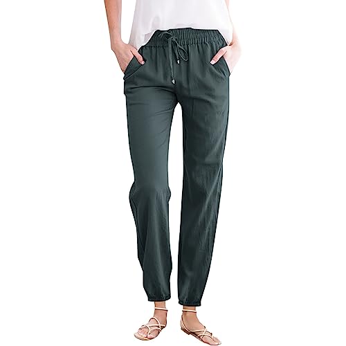 Gefomuofe Hose Damen Leinen Sommerhose Casual Leichte Baumwolle Leinenhose Stoffhose Sommer Freizeit Lang Hose Bequeme Luftige Freizeithose Strandhose Mit Taschen Kordelzug von Gefomuofe
