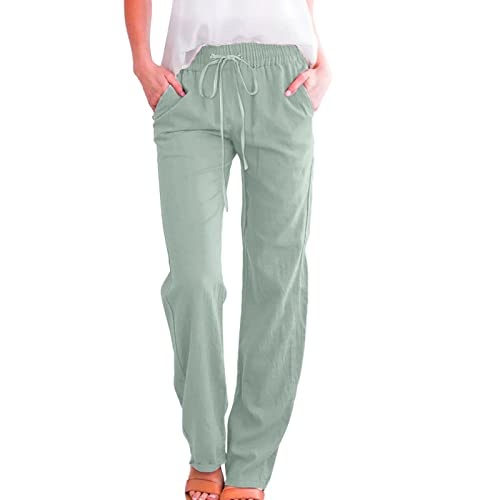 Gefomuofe Hose Damen Leinen Sommerhose Casual Leichte Baumwolle Leinenhose Stoffhose Sommer Freizeit Lang Hose Bequeme Luftige Freizeithose Strandhose Mit Taschen Kordelzug von Gefomuofe