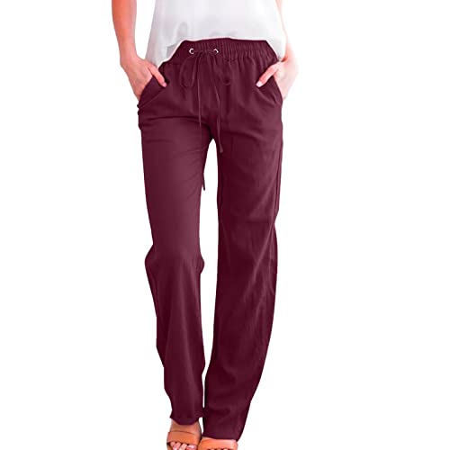 Gefomuofe Hose Damen Leinen Sommerhose Casual Leichte Baumwolle Leinenhose Stoffhose Sommer Freizeit Lang Hose Bequeme Luftige Freizeithose Strandhose Mit Taschen Kordelzug von Gefomuofe
