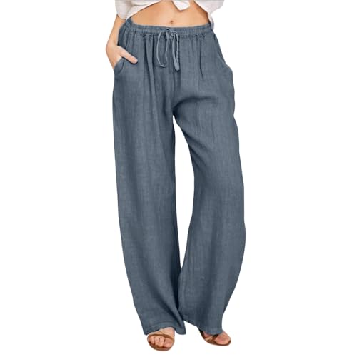Gefomuofe Hose Damen Leinen Sommerhose Casual Leichte Baumwolle Leinenhose Stoffhose Sommer Freizeit Lang Hose Bequeme Luftige Freizeithose Strandhose Mit Taschen Kordelzug von Gefomuofe