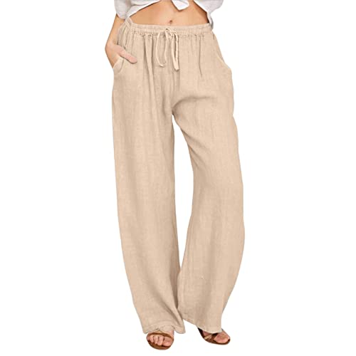 Gefomuofe Hose Damen Leinen Sommerhose Casual Leichte Baumwolle Leinenhose Stoffhose Sommer Freizeit Lang Hose Bequeme Luftige Freizeithose Strandhose Mit Taschen Kordelzug von Gefomuofe