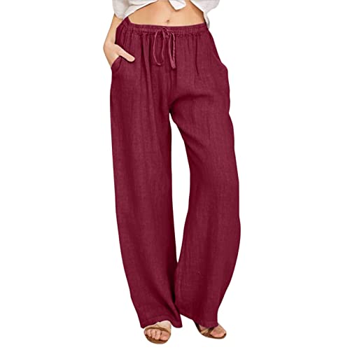 Gefomuofe Hose Damen Leinen Sommerhose Casual Leichte Baumwolle Leinenhose Stoffhose Sommer Freizeit Lang Hose Bequeme Luftige Freizeithose Strandhose Mit Taschen Kordelzug von Gefomuofe