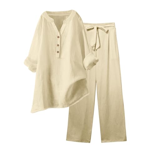 Gefomuofe Hosenanzug Damen Musselin Set Damen Sommer Baumwolle Zweiteiler Leinen Kurzarm Top und Lang Weit Bein Hose Set Einfarbig Freizeitanzug 2 Teiler Set Musselin Leinenanzug von Gefomuofe