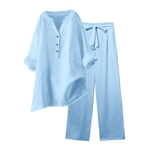Gefomuofe Hosenanzug Damen Musselin Set Damen Sommer Baumwolle Zweiteiler Leinen Kurzarm Top und Lang Weit Bein Hose Set Einfarbig Freizeitanzug 2 Teiler Set Musselin Leinenanzug von Gefomuofe