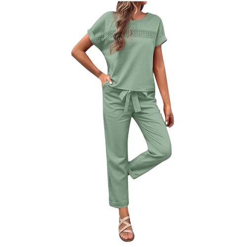 Gefomuofe Jogginganzug Damen Rundhalsausschnitt Einfarbig Zweiteiler Outfit 2 Stücke Set Kurzarm Top/Hose Jogginganzug Einfarbig Sportanzug Hausanzug 2 Teilig Freizeitanzug von Gefomuofe
