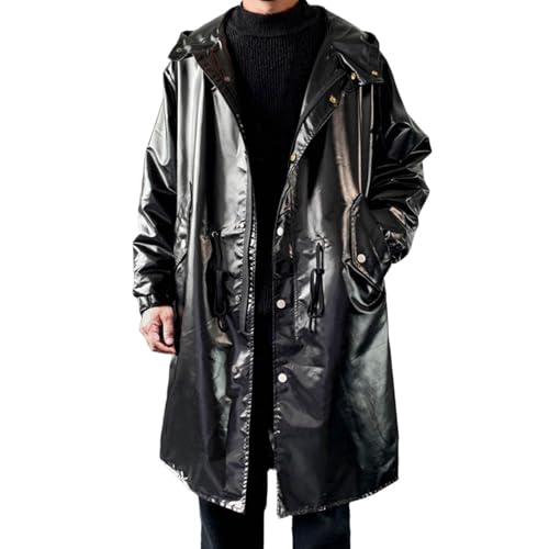 Gefomuofe Kapuzenjacke Herren Metallic Glänzend Hoodie Zweireihig Lang Casual Trenchcoat Übergangsjacke Wetterfest Funktionsjacke Streetwear Oberbekleidung von Gefomuofe