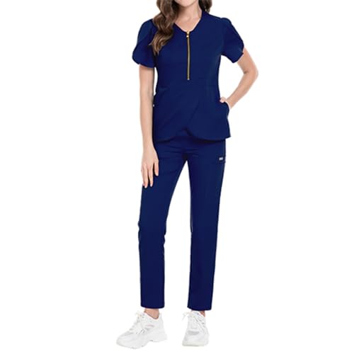 Gefomuofe Krankenpflege-Uniformen, Arbeitskleidung, Krankenschwester-Uniform-Set Reißverschluss kurze Ärmel Bürsten Kittel Stretch Krankenschwester Hose von Gefomuofe