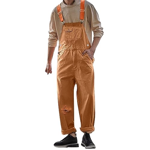 Gefomuofe Latzhose Herren Outdoor Lang Loose Fit Cargo Workwear Zerrissene Loch Kurze Jeans Pants Verstellbare Lässige Jeans Kurz Jumpsuit Jeanshose Playsuits Mit Taschen von Gefomuofe