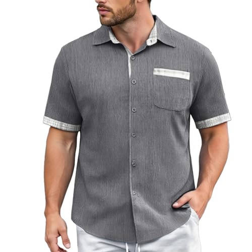 Gefomuofe Leinenhemd Herren Kurzarm Baumwolle Hemd Hawaii Hemden Sommer Freizeithemden Oversized Strandhemd Regular Fit Casual Tshirt Leichte Lässig Sommerhemd mit Karierte Hemdleiste von Gefomuofe