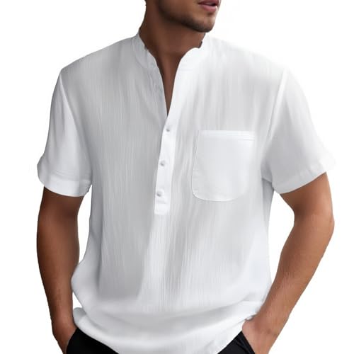 Gefomuofe Leinenhemd Herren Kurzarm Hemd Henley Sommerhemd Button Down Regular Fit Freizeithemden Sommer Strand Leinen Shirt Kurzarm Stehkragen Leinenshirt Beach Casual Shirt Standhemd von Gefomuofe